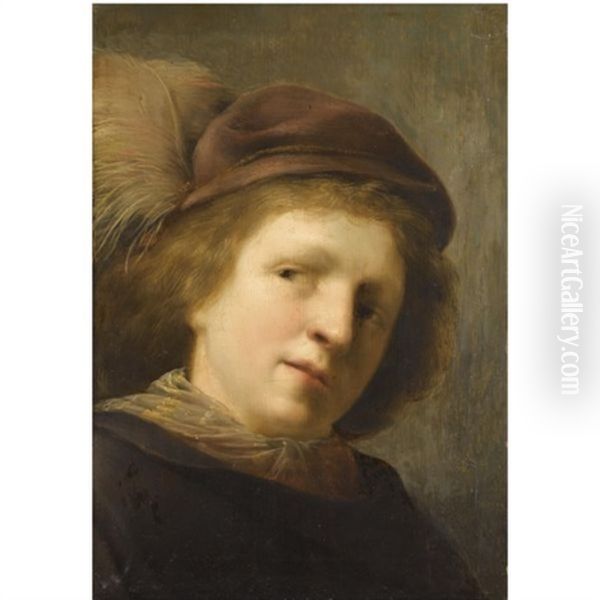 Portrait Of A Young Boy With His Head Cocked To The Left And Wearing A Plumed Hat Oil Painting by Pieter Fransz de Grebber