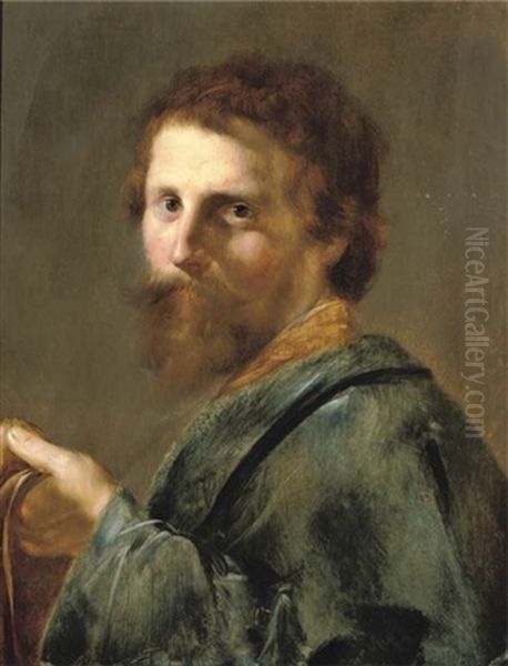 Portrait Of A Man In A Blue Robe, Holding His Cap In His Left Hand Oil Painting by Pieter Fransz de Grebber