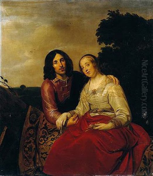 A Marriage Portrait, With A Lady And Gentleman Seated On A Carpet Draped At The Base Of A Tree, Within A Landscape Setting Oil Painting by Pieter Fransz de Grebber