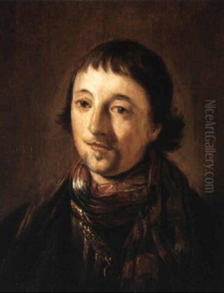 Portrait Of A Young Man Wearing A Red And Blue Patterned Scarf Oil Painting by Pieter Fransz de Grebber