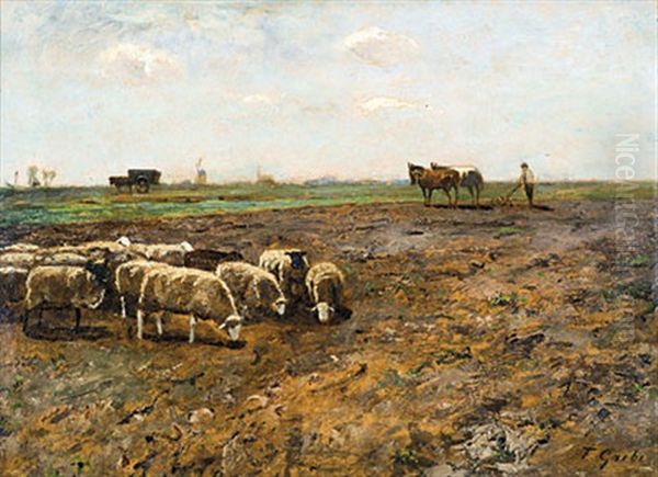 Schafherde Vor Pflugendem Bauer Oil Painting by Fritz Grebe