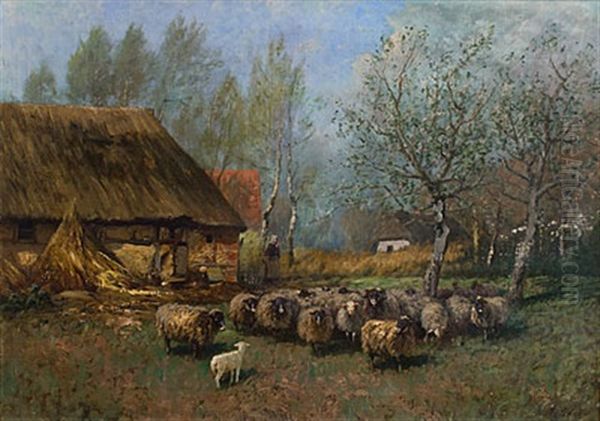 Fischlander Katen Mit Schafherde Im Fruhling Oil Painting by Fritz Grebe