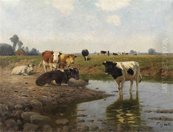 Cows In The Meadow Oil Painting by Fritz Grebe