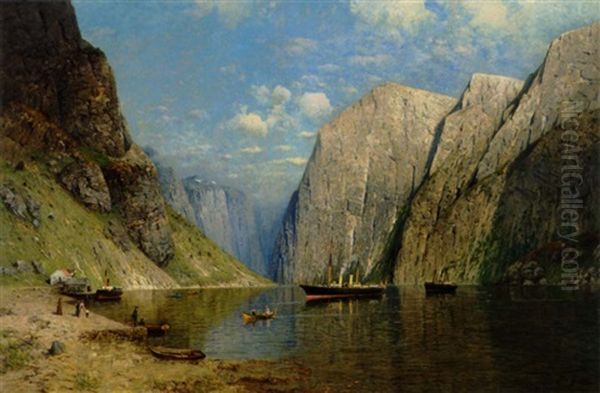 Dampskibe Og Robade Pa En Norsk Fjord Oil Painting by Fritz Grebe