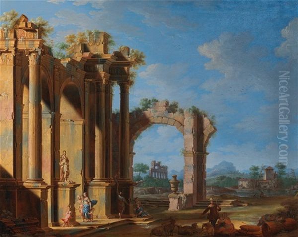 A Pair Of Antique Architectural Capriccios With Numerous Figures Oil Painting by Gennaro Greco