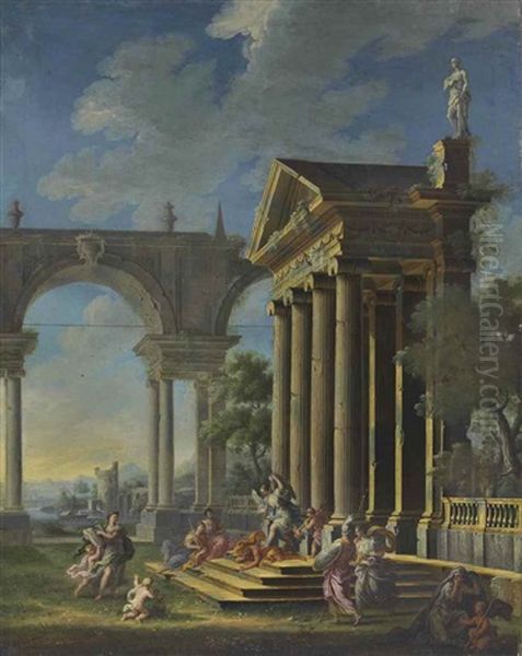 Allegorical Figures Outside A Temple Facade Oil Painting by Gennaro Greco