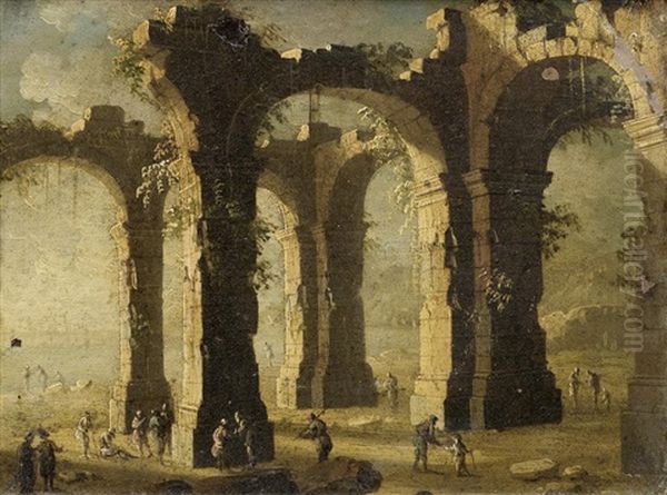 Figures In An Architectural Capriccio Oil Painting by Gennaro Greco