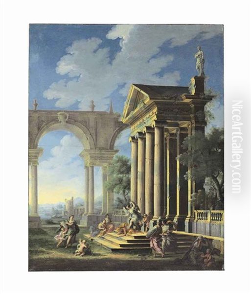 An Allegorical Scene Outside A Temple Facade Oil Painting by Gennaro Greco