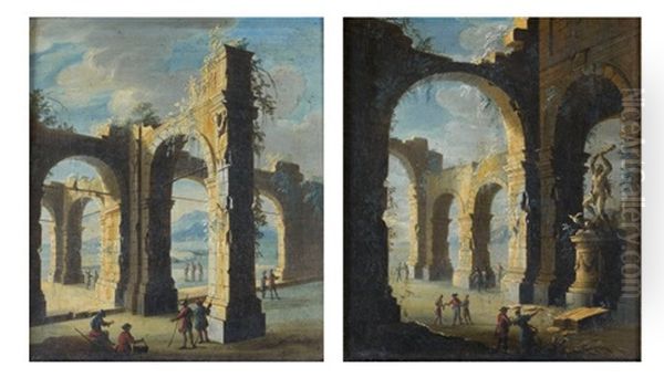 Caprices Avec Ruines Antiques (pair) Oil Painting by Gennaro Greco