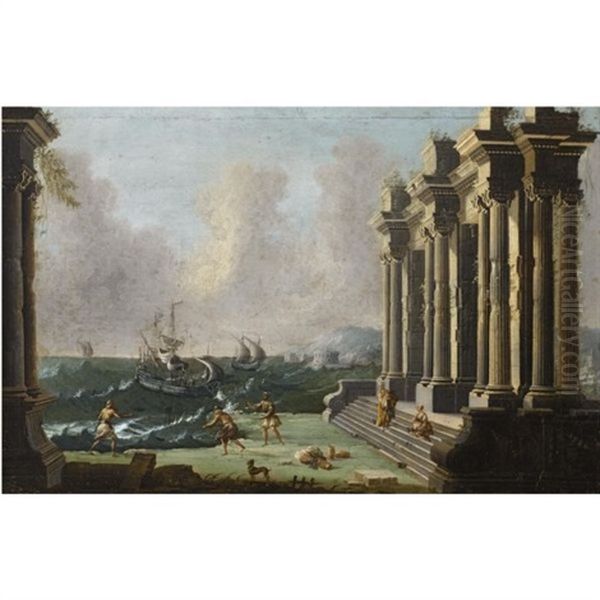 An Architectural Capriccio With Figures Amidst Classical Ruins, Shipping In Stormy Waters Beyond by Gennaro Greco