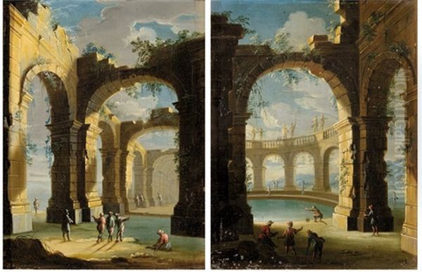 Thermes Antiques En Ruines Avec Personnages (pair) by Gennaro Greco