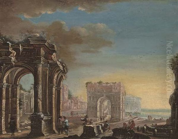 A Capriccio Of Classical Ruins With Elegant Figures Conversing In The Foreground Oil Painting by Gennaro Greco