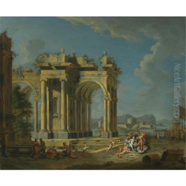 An Architectural Capriccio With Bacchus And Ariadne Oil Painting by Gennaro Greco