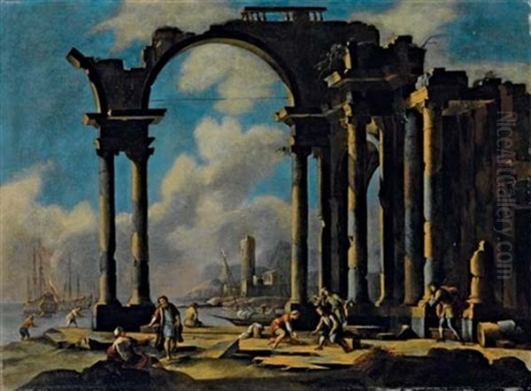 Capriccio Architettonico Con Astanti Presso Un Porto Oil Painting by Gennaro Greco