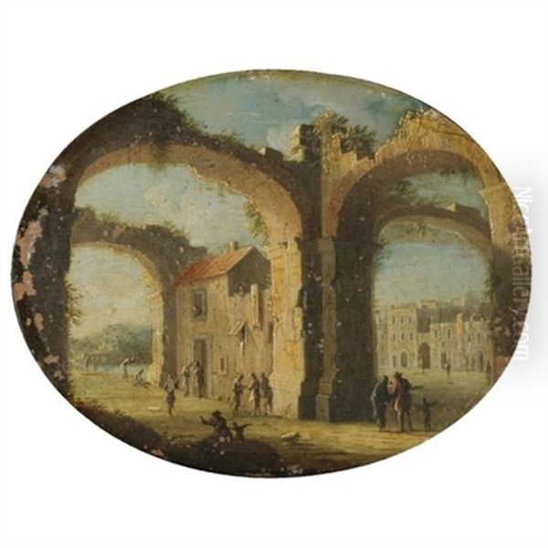 A Capriccio Scene With Figures Amongst Classical Ruins Oil Painting by Gennaro Greco