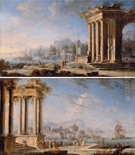 Italianate Coastal Landscapes With Figures By Classical Ruins And Shipping Off The Shore Oil Painting by Gennaro Greco