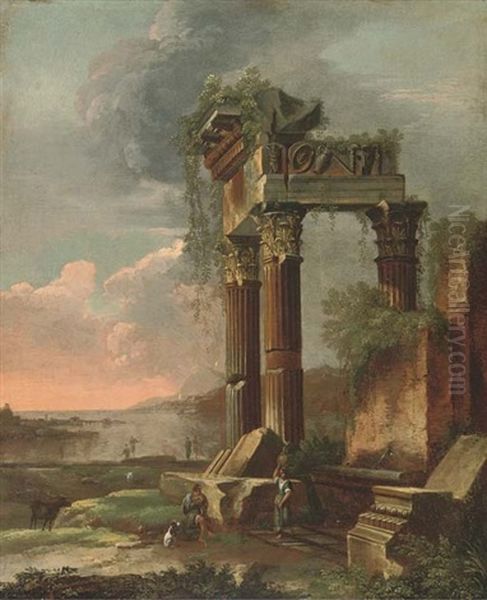 A Capriccio Of Classical Ruins With Figures In The Foreground Oil Painting by Gennaro Greco