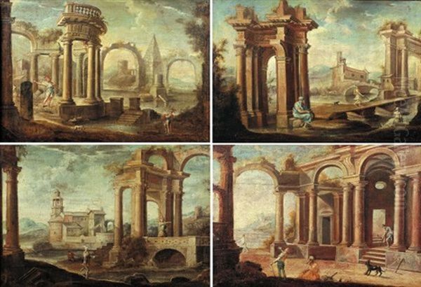 Caprice De Ruines Architecturales (+ 3 Others; Set Of 4) Oil Painting by Gennaro Greco