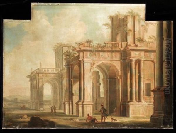 An Architectural Capriccio With Figures Amongst Ruins Oil Painting by Gennaro Greco