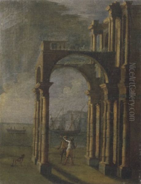 Portico Con Astanti Presso Una Marina Oil Painting by Gennaro Greco