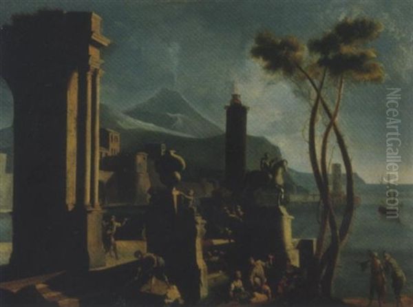 Rovine Classiche Presso La Riva Con Sculture E Astanti Ed Il Vesuvio In Lontananza Oil Painting by Gennaro Greco