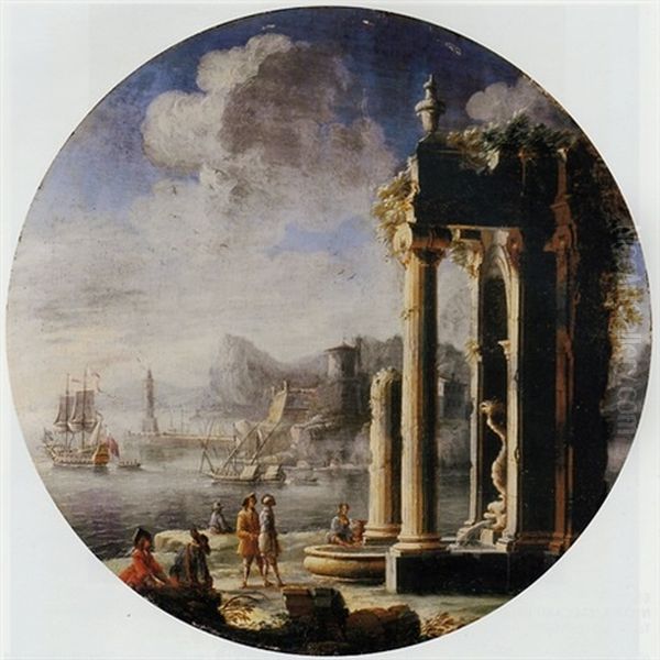 A Capriccio Of Architectural Ruins With Figures By A Fountain, A Dutch Frigate And Other Shipping In A Bay Beyond Oil Painting by Gennaro Greco