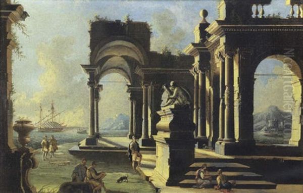 Capriccio Architettonico Di Un Loggiato Di Ordine Corinzio Presso Una Costa Mediterranea, Con Una Statua Antica Su Alto Basamento, Un Pittore Al Lavoro Ed Astanti Vari Oil Painting by Gennaro Greco