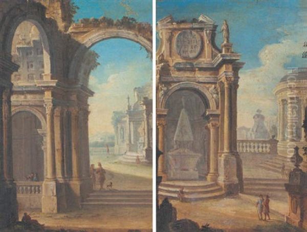 An Architechtural Capriccio With Figures Conversing Under An Archway Oil Painting by Gennaro Greco