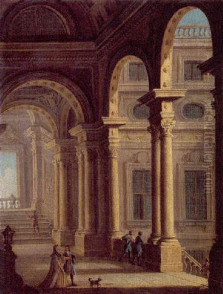 A Classical Colonnade With Figures Oil Painting by Gennaro Greco