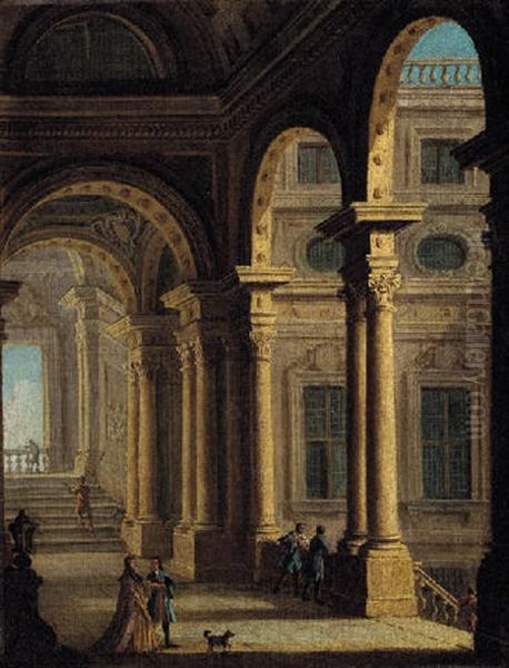 A Classical Colonnade With Figures Oil Painting by Gennaro Greco