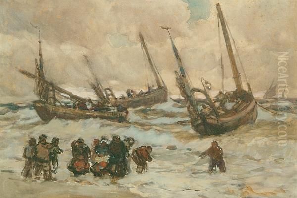 Fishing Boats And Figures On The North Atlantic Coast Oil Painting by Joseph Richard Bagshawe