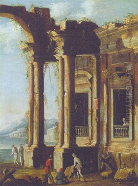 Figures By Classical Ruins On A Shoreline Oil Painting by Gennaro Greco