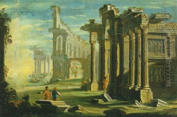 Capriccio Architettonico Di Rovine Antiche Presso Una Riva Oil Painting by Gennaro Greco