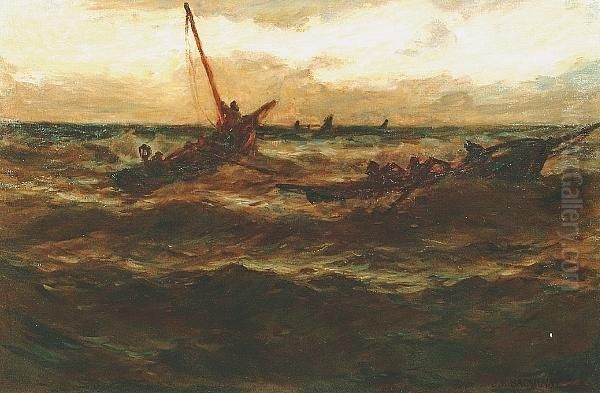 Fishing Boats In A Storm Oil Painting by Joseph Richard Bagshawe