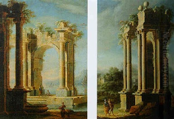 Architectural Capriccio With Travellers By Classical Ruins Oil Painting by Gennaro Greco