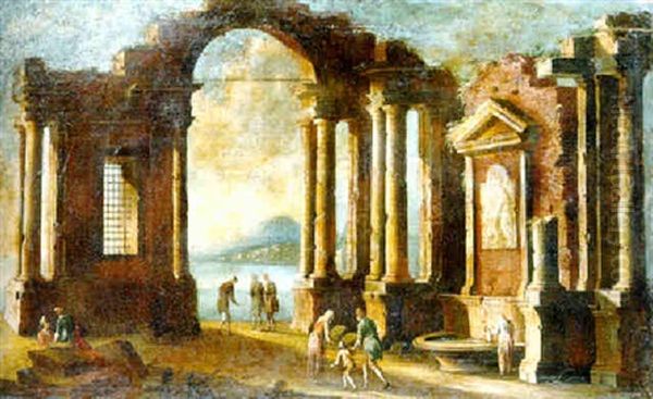 Mediterranean Harbor With Figures Among Classical Ruins Oil Painting by Gennaro Greco