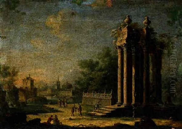 River Landscape With Figures Among Classical Ruins by Gennaro Greco