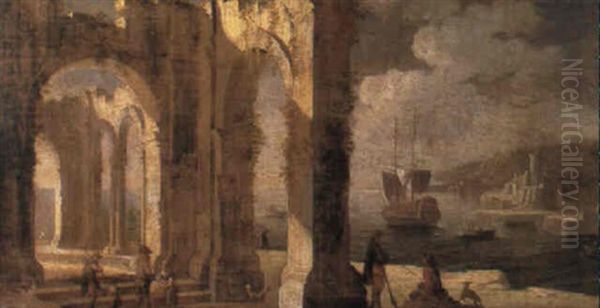 A Capriccio Of A Classical Ruin With Peasants Overlooking A Coastal Inlet Oil Painting by Gennaro Greco