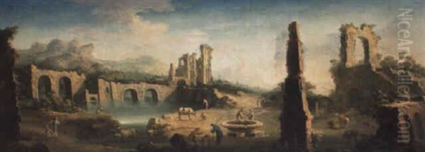 An Extensive River Landscape With Herdsmen And Cattle Among Ruins Oil Painting by Gennaro Greco