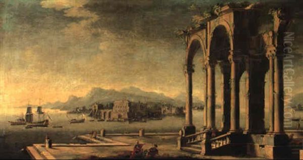 Capriccio View Of Vessels Outside A Mediterranean Port Oil Painting by Gennaro Greco