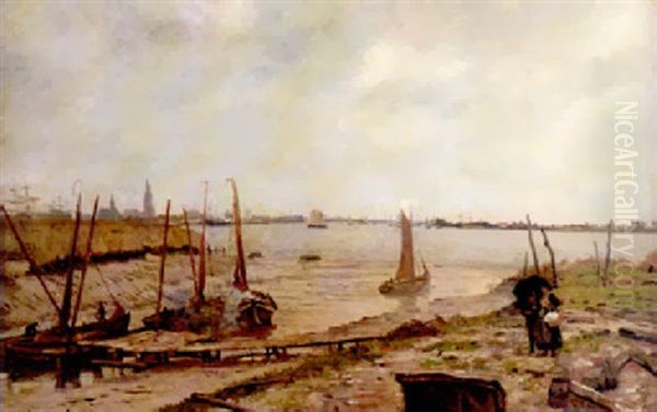 A View Of The River Scheldt Near Antwerp, With Moored Shipping In The Foreground by Jean Baptiste de Greef