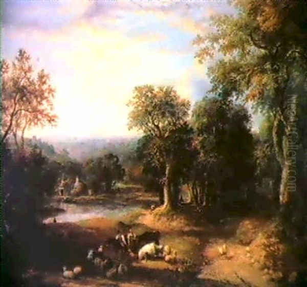 Woodland Landscape With Rustics Courting Oil Painting by Amos Green