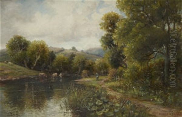 Fishermen In A River Landscape With Cattle Watering Oil Painting by Bernard I. Green