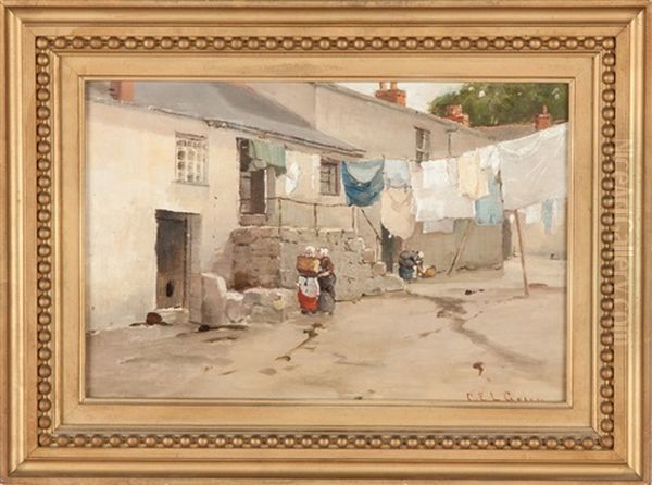 Village Street Scene Oil Painting by Charles Edwin Lewis Green