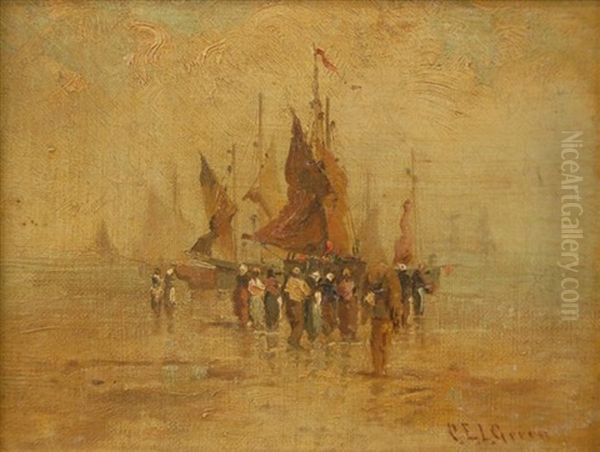 Figures On Beach, Newlyn, England Oil Painting by Charles Edwin Lewis Green