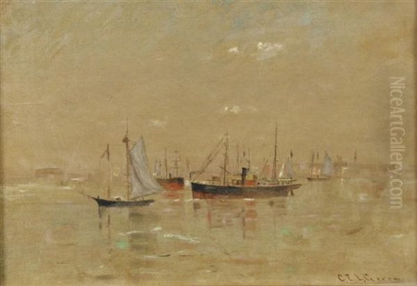 Boats In Harbor Oil Painting by Charles Edwin Lewis Green