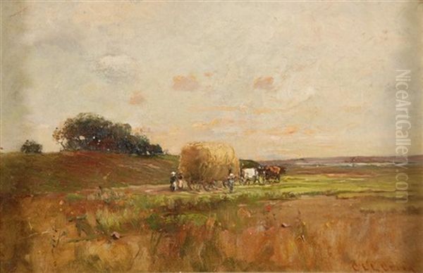 Haying On Lynn Marshes Oil Painting by Charles Edwin Lewis Green