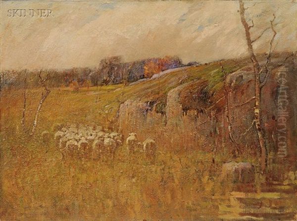 View With Sheep, A Landscape Sketch Oil Painting by Charles Edwin Lewis Green