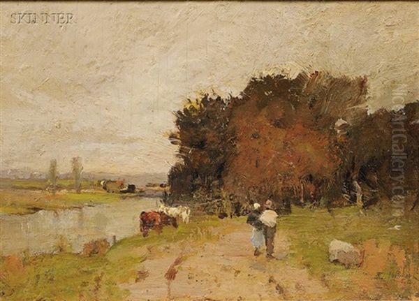 Landscape With Two Figures And Cattle Oil Painting by Charles Edwin Lewis Green