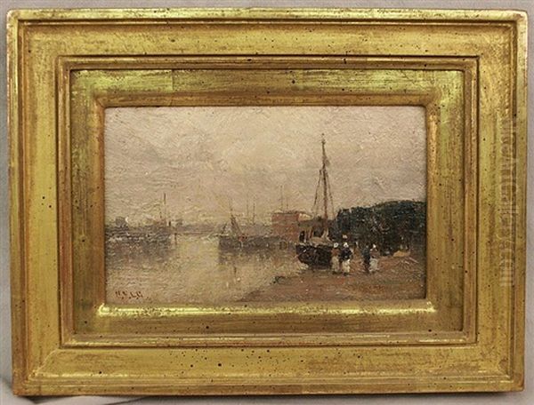 Harbor View With Figures Oil Painting by Charles Edwin Lewis Green